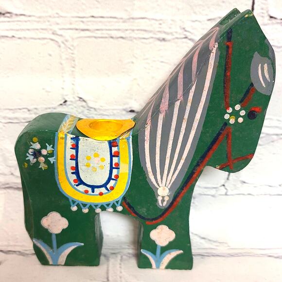 Handcrafted Set/3 Vintage Wooden Dala Horse Candleholders-Chinese Folk Art Décor - Picture 5 of 10